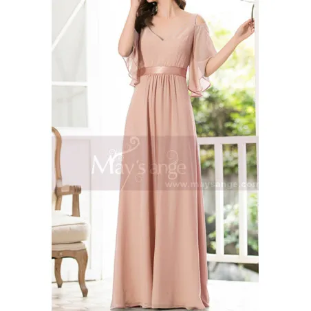 Robe Soirée Rose Longue Avec Manches Fluide En Mousseline