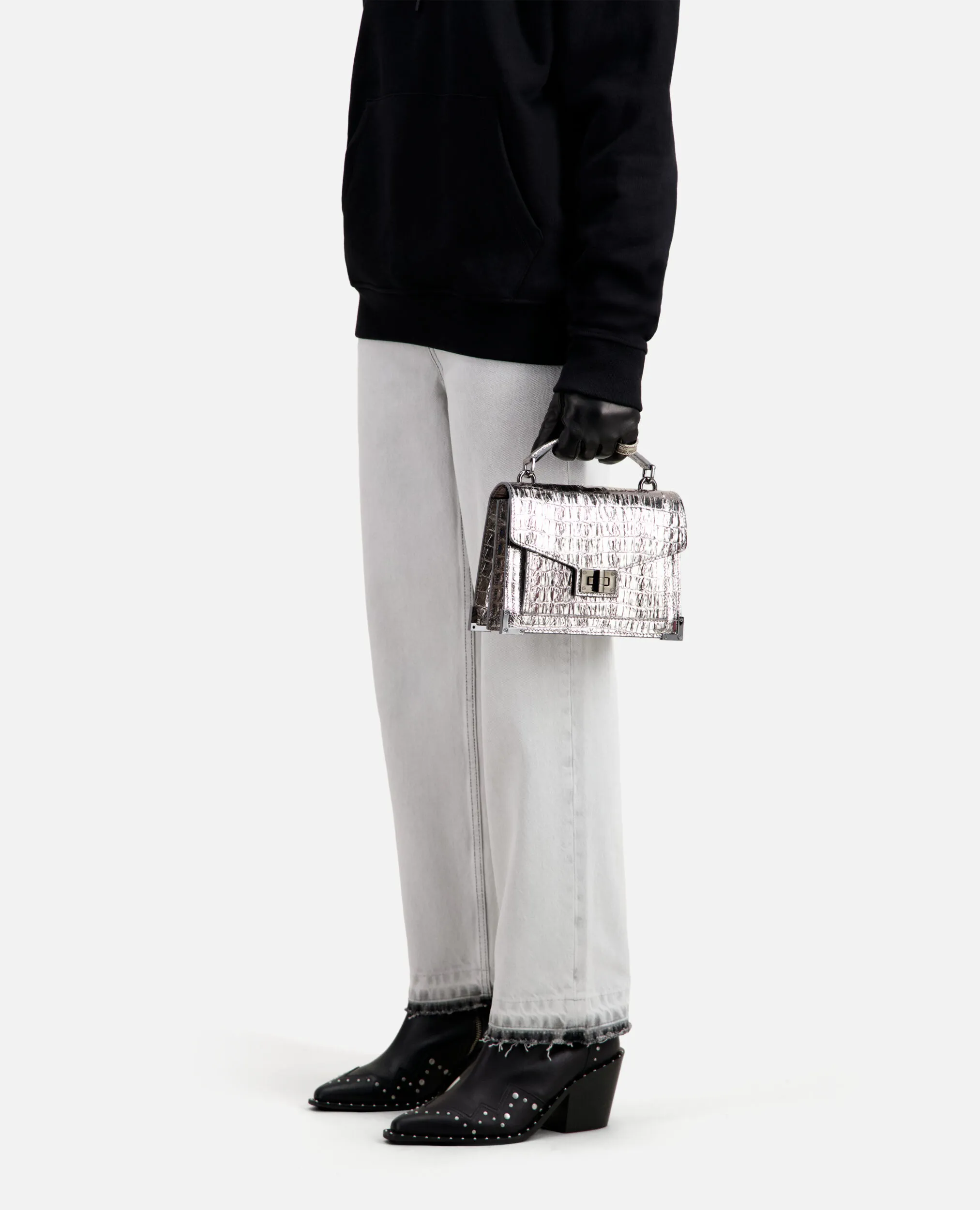 Sac Emily small en cuir argenté effet crocodile