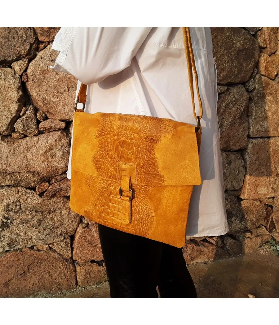 SANTAIA SAC BESACE GIBECIERE DAIM CUIR ITALIE EFFET CROCO JAUNE