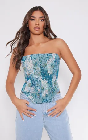 Top corset long fleuri en jacquard bleu à liserés structurants